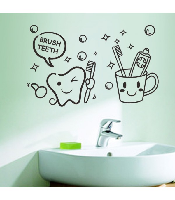 1Pc Wall Sticker Teeth Brush Cup Pattern Bathroom Creative Wall Decor