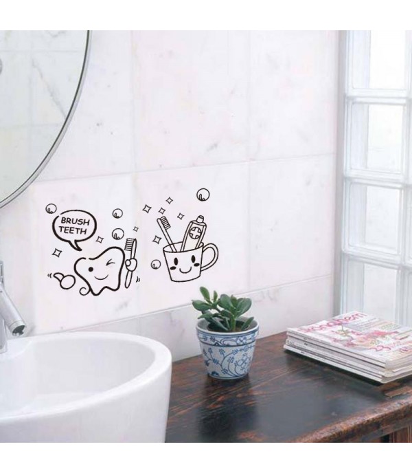 1Pc Wall Sticker Teeth Brush Cup Pattern Bathroom Creative Wall Decor