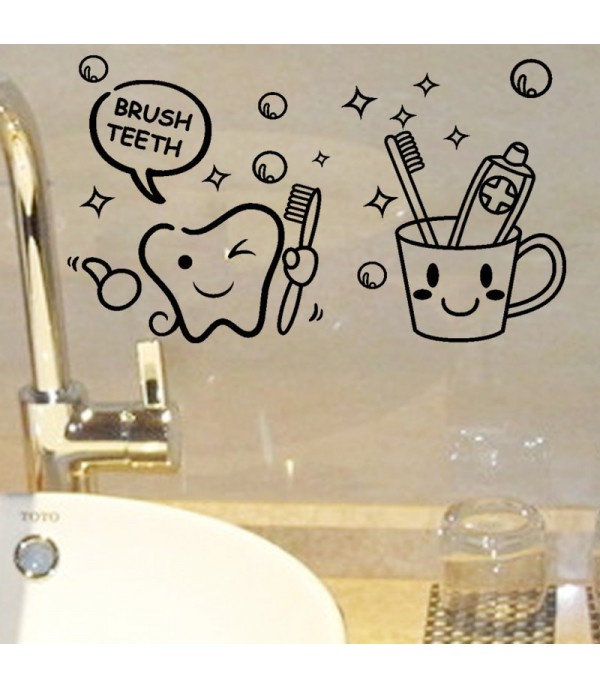 1Pc Wall Sticker Teeth Brush Cup Pattern Bathroom Creative Wall Decor