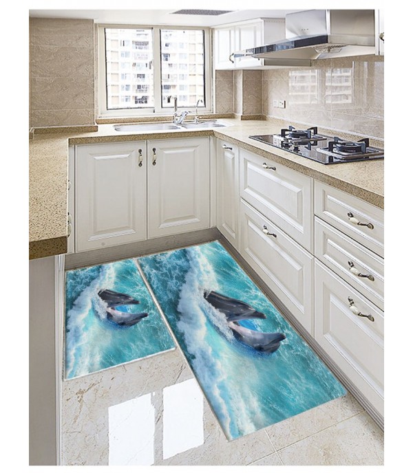 Kitchen Door Mat Cartoon Dolphin Pattern Rectangle Soft Antiskid Floor Rug