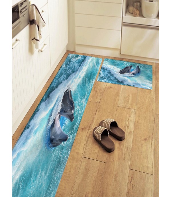 Kitchen Door Mat Cartoon Dolphin Pattern Rectangle Soft Antiskid Floor Rug